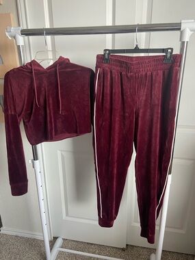 Fashion Nova Burgundy Velour Crop Hoodie & Track Joggers Set